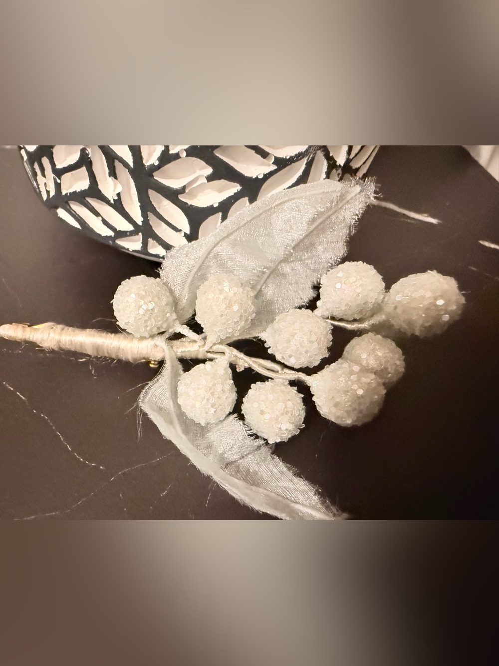Vintage Hand Crafted Beaded Bridal Brooch White Frosted Berries Floral Leaf Pin